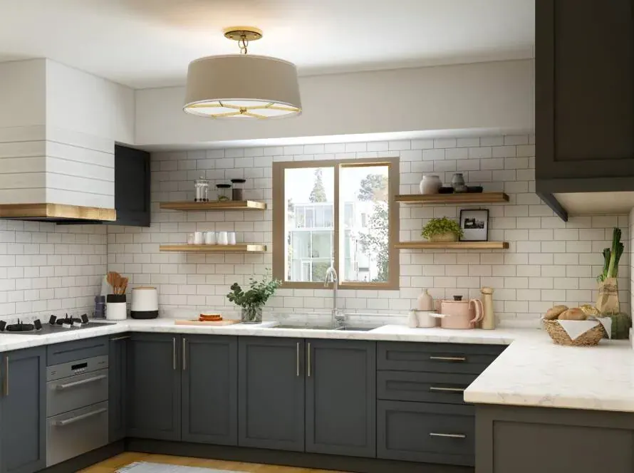 Kitchen with gray lower cabinets, white subway tile, open wood shelves and a pendant light