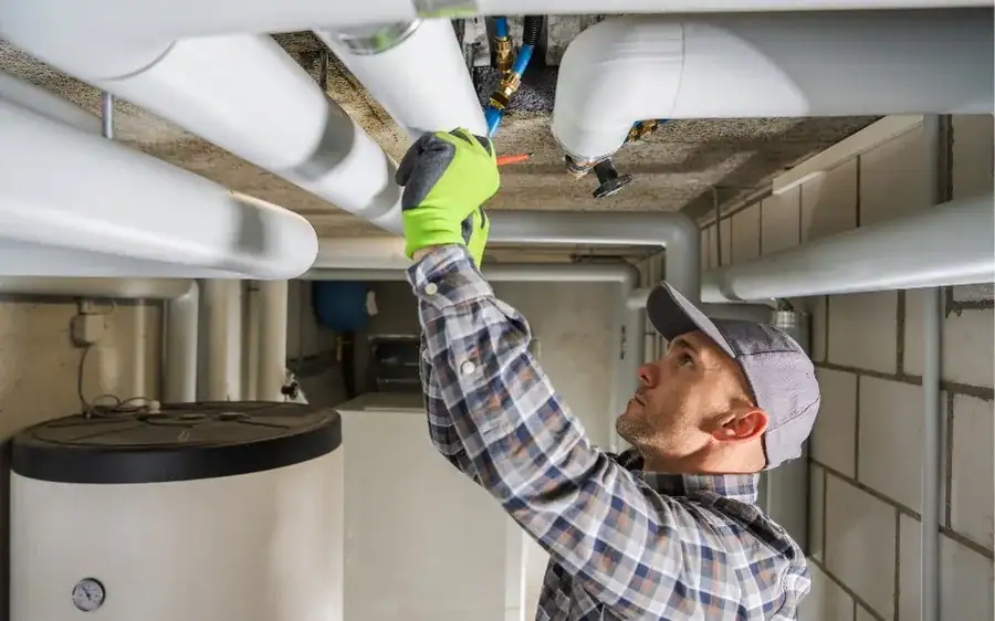 Plumber in gloves working on insulated pipes in a utility room ceiling